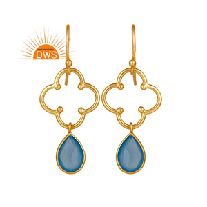 Blue Chalcedony Gemstone Earrings Flower Designer 18k Gold Plated 925 Silver Earrings Jewelry Manufacturer - Product Image 1
