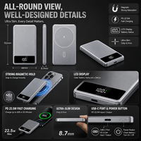 Batterie externe magnétique sans fil en métal 5000 mAh, chargeur portable ultra-mince 20W PD à charge rapide, écran LCD, batterie Li-Polymère en métal
