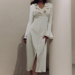Elegante clásico sólido <span class=keywords><strong>vestido</strong></span> de mujer 2024 Casual cuello con volantes manga larga <span class=keywords><strong>Midi</strong></span> Bodycon <span class=keywords><strong>Beige</strong></span> satén <span class=keywords><strong>vestido</strong></span> de mujer - Product Image 1