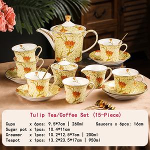 Service à café en céramique jaune automne doré, 15 pièces, tasses, soucoupes, théière élégante, sucrier, crémier, service à thé de l'après-midi en porcelaine - Product Image 6