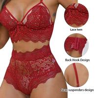 Ensemble de lingerie 2 pièces en dentelle florale noire personnalisée, bralette à bretelles spaghetti avec nœud et culotte taille haute, sous-vêtements intimes pour femmes