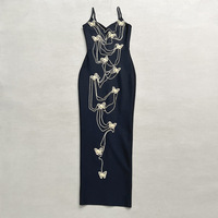 Robe de soirée en cachemire à bretelles spaghetti, coupe crayon, longueur midi, séchage rapide, avec chaîne de diamants et motif papillon doré, pour la vente en ligne
