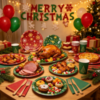 Lot de vaisselle jetable de Noël Lanweier en gros – Assiettes, gobelets, serviettes et couverts en papier flocon de neige rouge et vert pour fête