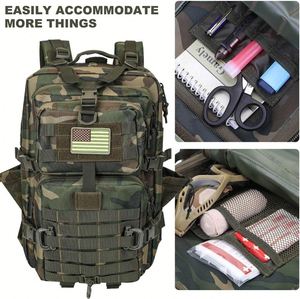 Sac à dos tactique d'assaut MOLLE 45L en denim unisexe avec porte-bouteille pour camping, idéal pour les voyages de 3 jours, avec patch drapeau USA et anneaux en D – Fabrication américaine - Product Image 6