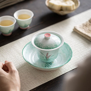 Hand Painted Reed Gaiwan Porcelain With Lid Sprinkled Green Kung Fu <b>Tea</b> <b>Set</b> - Product Image 5