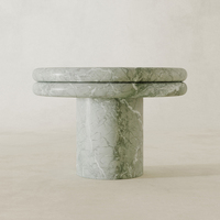 Table d'appoint de luxe Dream Home en marbre vert artistique, avec plateau rond unique à double superposition et base cylindrique sculpturale