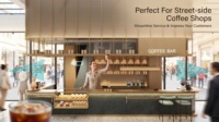 Conception d'intérieur de bar à café tout-en-un : comptoir en terrazzo noir, auvent en maille dorée, vitrine à pâtisserie, étagère arrière, poste de travail barista