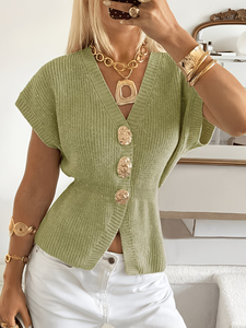 Gilet in maglia <span class=keywords><strong>beige</strong></span> da <span class=keywords><strong>donna</strong></span> con scollo a V e bottoni dorati, maniche a pipistrello, <span class=keywords><strong>cardigan</strong></span> in maglia traspirante vintage casual per la primavera - Product Image 6