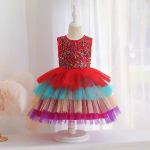 Nouvelle robe pour filles, couleur assortie, jupe gâteau, costumes filles, sans manches, paillettes, princesse, jupe tutu