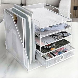 5-Tier Metal Paper Letter <b>Organizer</b> with <b>File</b> Holder Desk <b>Organizer</b> with Drawer Mesh Desktop Storage with Magazine Holder - Product Image 4