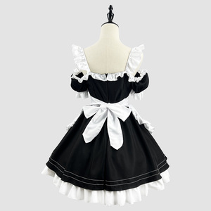 Cute Anime Lolita Maid Dress Black Polyester Off Shoulder With Apron For Cosplay Role Play Game Costume - Product Image 3