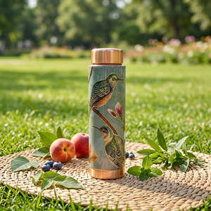 Botella de Agua de Cobre Puro con Estampado de Esmalte Chinoiserie Premium, Diseño Floral de Aves de Lujo, a Prueba de Fugas, para la Salud Ayurvédica, Oficina y Hogar - Product Image 3