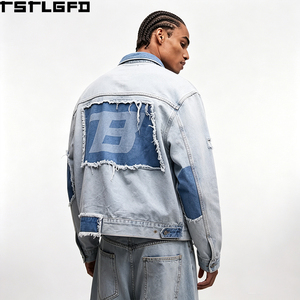 Veste en jean coupe boxy coupée et cousue, épaisse, avec empiècements patchwork, coutures apparentes, délavage clair, style streetwear, vêtement d'extérieur, vente en gros - Product Image 3