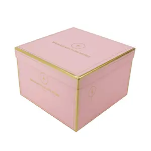 Romantic Pink Rigid Paperboard Golden Logo And Border Square Rose Box Of Florist