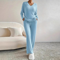2026 automne hiver tricot Anti-boulochage transfrontalier nouvelle maison mode décontracté pantalon droit élégant ample col en v deux pièces ensemble