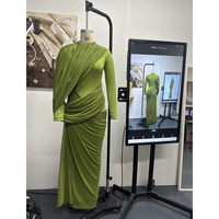 Robe longue asymétrique verte élégante à manches longues et froncée WIWT pour femme – Idéale pour les soirées et les tenues décontractées