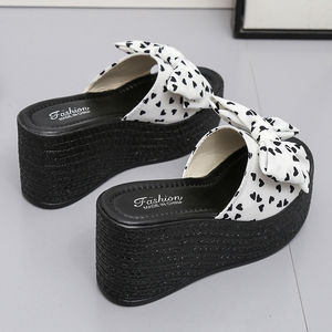 Mules compensées pour femmes, version coréenne, avec nœud papillon et fleur, talons hauts rehaussants, chaussures tendance - Product Image 5