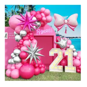 公主派对装饰品金属银气球蝴蝶结箔气球热粉色气球拱套件