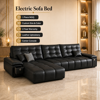 Canapé-lit électrique de luxe en cuir noir avec console centrale rétractable et porte-gobelets, structure métallique pour projets hôteliers et villas