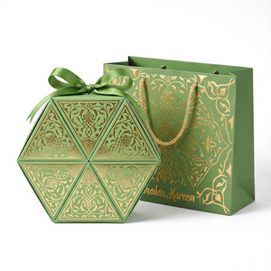 Boîte spéciale verte musulmane recyclable, faite à la main, mini-boîte hexagonale pour le festival de l'Eid, ensemble de cadeaux de bonbons arabes pour mariage - Product Image 1