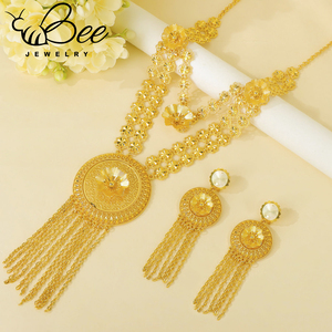 Collar Largo Personalizado Chapado en Oro Brasileño de 18K, Joyería Árabe para Novia, Aretes con Borlas, Conjuntos de Joyería para Bodas y Fiestas - Product Image 3
