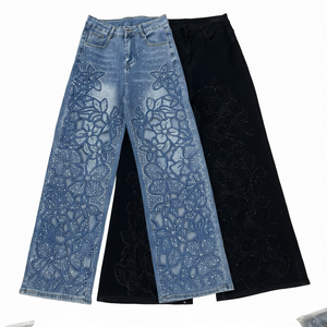 Jean en denim brodé style français à jambe large, orné de fleurs et de strass, taille mi-haute, pour femme - Product Image 1