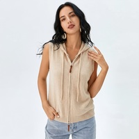 Cardigan décontracté épais en tricot à capuche sans manches avec fermeture éclair pour femme, pull en cachemire à capuche