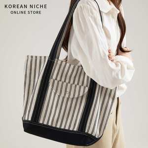 Bolso Tote de Poliéster a Rayas Estilo Japonés Coreano, Nuevo Verano 2026, Gran Capacidad, Diseño Exclusivo, Simple, Combinable con Todo, Cierre Magnético - Product Image 2