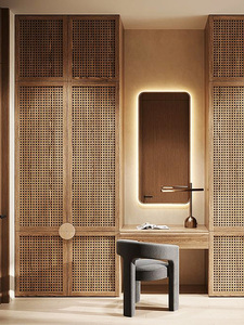 Armoire vintage en bois massif avec coiffeuse intégrée, placard à quatre portes style bois naturel, dressing sur mesure style Wabi-Sabi - Product Image 2