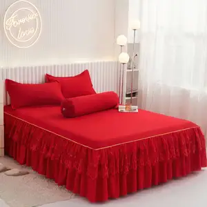 Rok tempat tidur renda warna polos baru tiga potong penutup tempat tidur buram.