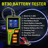 Probador de batería de automóvil con detector de voltaje BT30 12V con escáner de diagnóstico de 10 idiomas y analizador de motor 1 año de garantía