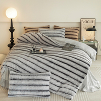 Ensemble de literie en fausse fourrure de lapin rayée de luxe, 4 pièces, couvre-lit confortable, couette, couvre-lit confortable, drap plat pour l'hiver