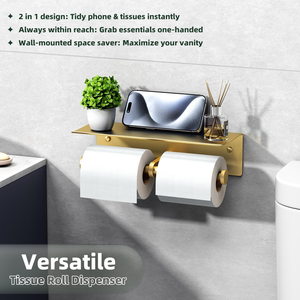 Modern Space Aluminum Self Adhesive Double Toilet <b>Paper</b> <b>Holder</b> with Shelf Toilet <b>Paper</b> Roll <b>Holder</b> Gold Toilet Roll <b>Holder</b> - Product Image 3