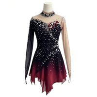 Robe de patinage artistique pour filles, dégradé noir et bordeaux, dos ouvert en V profond, avec strass et maille, pour concours de danse sur glace