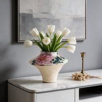 Vase à pivoines peint à la main Spring Dawn de 15 cm, pièce d'art céramique Zen unique à épaules larges, décoration moderne chinoise pour la maison, idéal pour table à thé