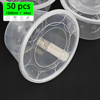 50 boîtes à lunch jetables en plastique PP noir transparent de 1000 ml (34 oz) pour salades, plats à emporter et préparation alimentaire