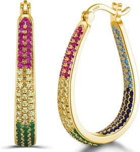 Pendientes de Aro Ovalados de Latón con Baño de Oro de 14K y <span class=keywords><strong>Circonitas</strong></span> Cúbicas <span class=keywords><strong>Multicolor</strong></span>, de Plata Esterlina S925, Modernos y Elegantes, Unisex - Product Image 1