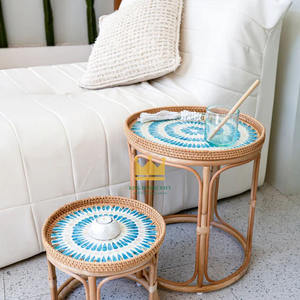Tables gigognes en rotin écologiques de luxe avec plateau en mosaïque de nacre, ensemble de tables basses rondes pour la décoration intérieure de la maison et des hôtels - Product Image 3