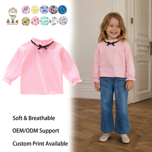 Guai Premium Boutique Kız Bebekler İçin Günlük Sonbahar Giyimi İçin Fiyonklu Pembe Fırfırlı Yaka Uzun Kollu Üst - Product Image 1