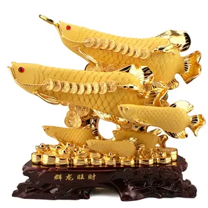 European Sand Golden color Large Size Feng Shui Wealth Arowana Fish Statue Furnishing Resin Art Craft Home Desktop Decoration