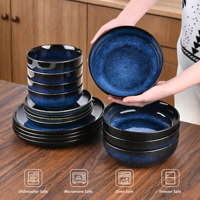 Service de table 16 pièces en porcelaine écologique bleu géométrique avec glaçure réactive, 4 assiettes et bols, compatible micro-ondes et lave-vaisselle
