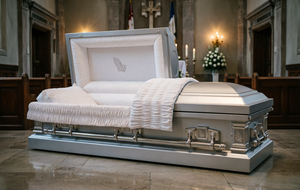 Cofano Funebre in Metallo Argentato con Interni Bianchi e Ricamo Angelo, Stile Americano, in Acciaio Inossidabile per <span class=keywords><strong>Onoranze</strong></span> <span class=keywords><strong>Funebri</strong></span> - Product Image 4