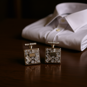 Gemelli da Uomo in Cristallo Dorato con Strass, Gioielli Formali, Accessorio Moda con Incastonatura a Griffe - Product Image 2