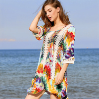Jinru 2024 été maille évider col en V manches mi-longues à la main plage Crochet robe avec des fleurs