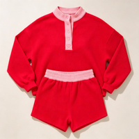 Ensemble 2 pièces confortable pour tout-petits : Sweat-shirt col Henry en coton gaufré color block et short à taille élastique