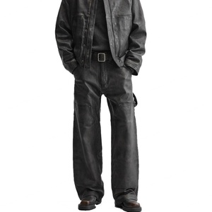 Pantalon en cuir délavé style streetwear pour homme, coupe décontractée taille haute ample et baggy - Product Image 1