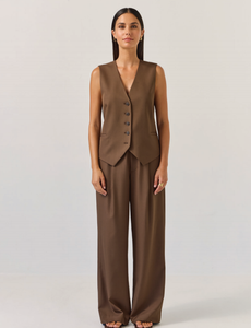 Conjunto <span class=keywords><strong>de</strong></span> <span class=keywords><strong>Traje</strong></span> Elegante <span class=keywords><strong>para</strong></span> Mujer, <span class=keywords><strong>Chaleco</strong></span> Marrón sin Mangas, Pantalones <span class=keywords><strong>de</strong></span> Pierna Ancha, Blazer <span class=keywords><strong>de</strong></span> Cuello en V con Cierre <span class=keywords><strong>de</strong></span> un Botón y Pantalones <span class=keywords><strong>de</strong></span> Cintura Alta <span class=keywords><strong>para</strong></span> Oficina - Product Image 3