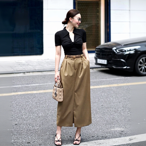 A181 Women's Elegant Ruched Front Woven V-neck Slim Fit Short Sleeve Collared T Shirt Spring Summer Apparel - Product Image 1