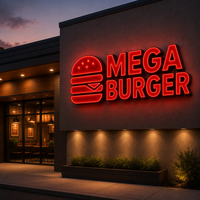 Insegna a Lettere Scatolate MEGA BURGER, Acrilico Rosso Luminoso, Fondo Nero, Icona Burger per Ristoranti Fast Food e Decorazione Vetrine