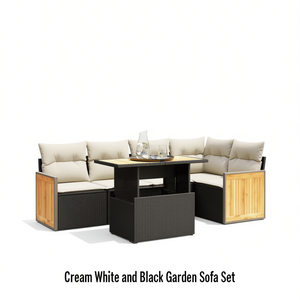 Ensemble de salon de jardin en rotin moderne 6 places, mobilier d'extérieur blanc crème et noir, design en panneaux de teck résistant aux intempéries - Product Image 1